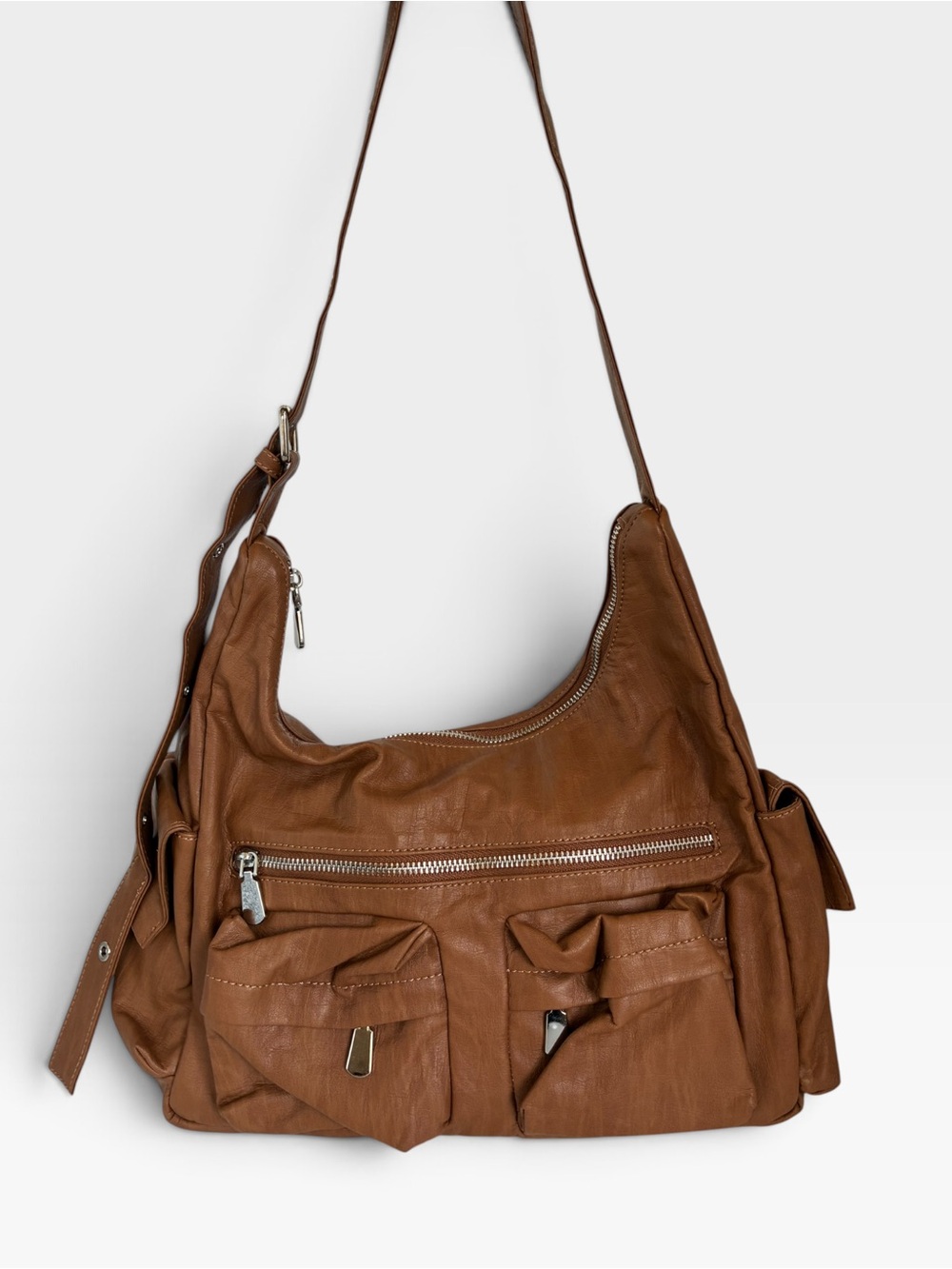 Brown Leatherette Multi-Pocket Shoulder Bag - Picture 1 of 6